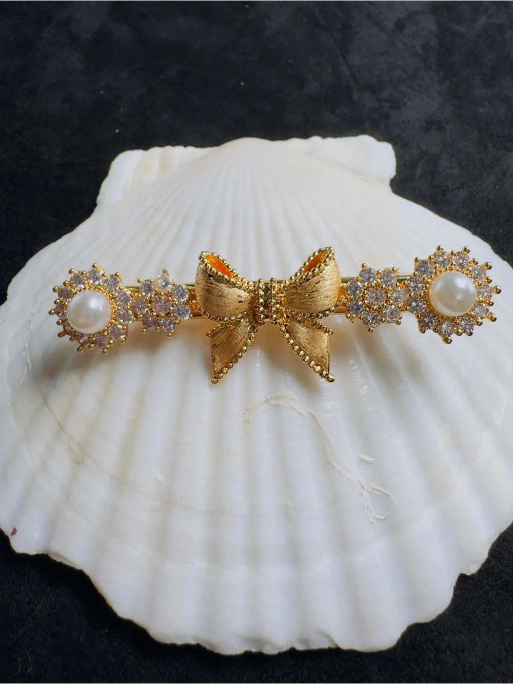 Gold Bow Pearl & Crystal Hair Clip - Women Accessories